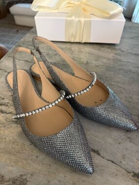 Stuart Weitzman Silver Crystal-Strap Pointed Slingback Flats